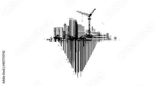 Modern Urban Development Concept with City Skyline Silhouette, Construction Cranes, and Abstract Reflection Illustration