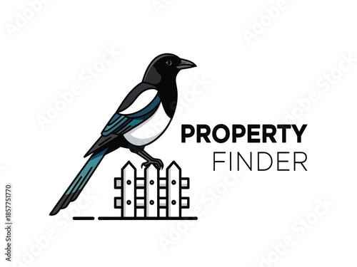 A stylized black and white magpie perched on a white picket fence with the words PROPERTY FINDER next to it.