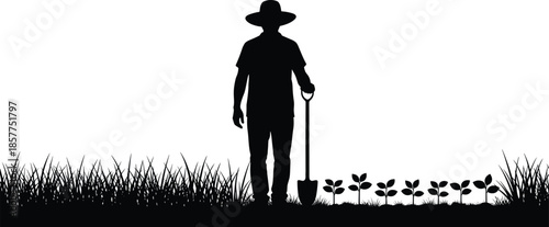 Farmer silhouette standing with shovel, agriculture planting concept with young seedlings and grass isolated on white background vector illustration design