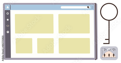 Browser interface with modules, search bar, security key, and teamwork graphic. Ideal for online security, web design, data protection, collaboration, innovation digital tools and navigation as