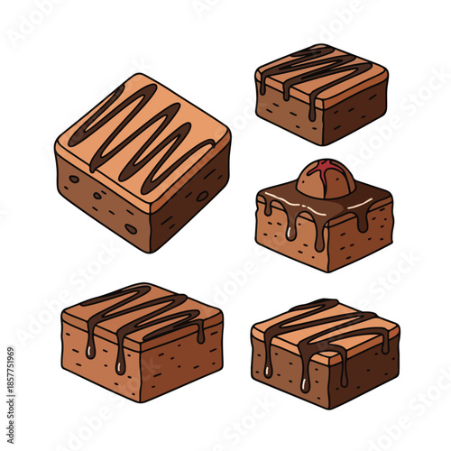 chocolate cakes with icing and chocolate sauce set.