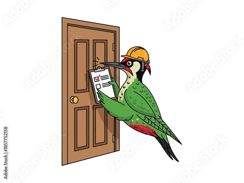 A green woodpecker wearing a hard hat inspects a clipboard attached to a wooden door.