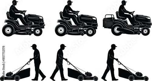 Gardener and lawn mower silhouettes set, riding mower, push mower, landscaping worker icons isolated on white background for garden design