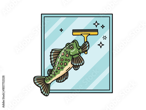 A cartoon fish with green scales and spots is cleaning a window with a squeegee.