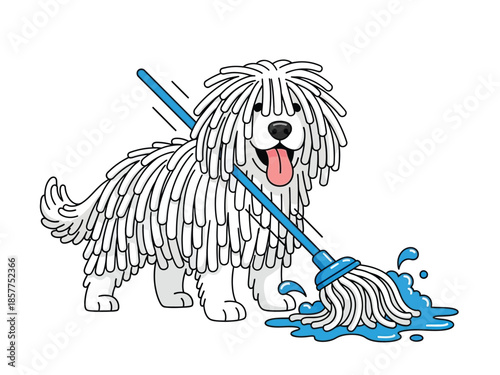 A white Komondor dog with corded fur is happily mopping a blue liquid on the floor.
