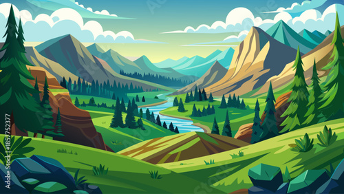 Forest valley landscape vector with rolling hills and dense trees, flat style