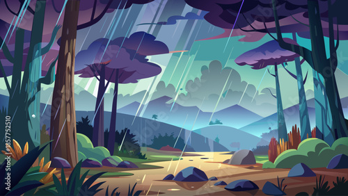 Rainy forest landscape vector with falling rain and wet ground, moody flat illustration
