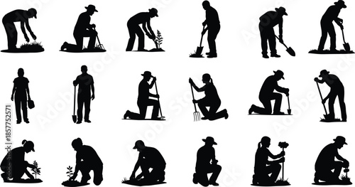 Gardening worker silhouettes set planting digging and farming activities, farmer and gardener people icons isolated on white background illustration