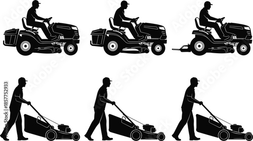 Lawn mower worker silhouettes set, riding mower and push mower, gardening service concept isolated on white background vector illustration design