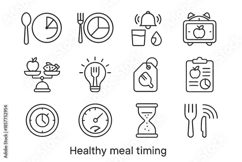 Healthy meal chew slow clock interval vector timing dish scale utensil tracker