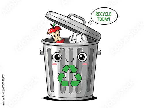 A cute, anthropomorphic recycling bin with a smiling face and blush marks, filled with trash and a speech bubble saying "RECYCLE TODAY!".