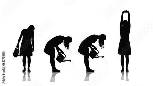 Woman watering plants silhouette sequence, female gardener with watering can actions isolated on white background illustration for garden design