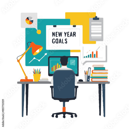 A person setting new year goals at a desk with a computer and stationery in a modern office environment from a frontal viewpoint