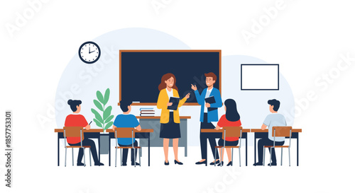 Two teachers collaborating and discussing lesson plans in front of a blackboard while students are seated and listening in a classroom.
