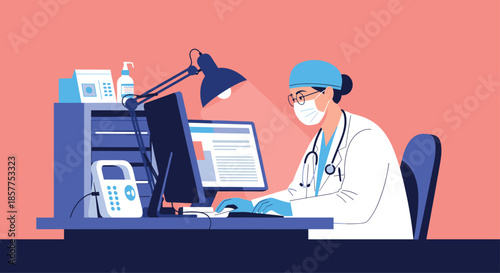 A dedicated female doctor wearing a surgical cap and face mask is working diligently at her computer in a modern clinic office.