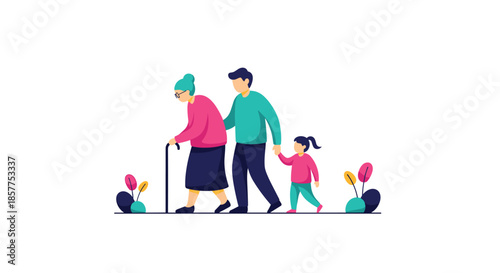 A caring scene where a man and a little girl are helping an elderly woman with a cane to walk, showing family support.