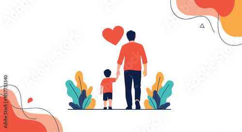 A heartwarming rear-view illustration of a father holding his son's hand while walking, with a large red heart symbol above them.