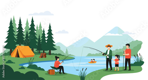 A happy family and friends are enjoying a relaxing day of camping and fishing together by a serene lake in a beautiful forest.