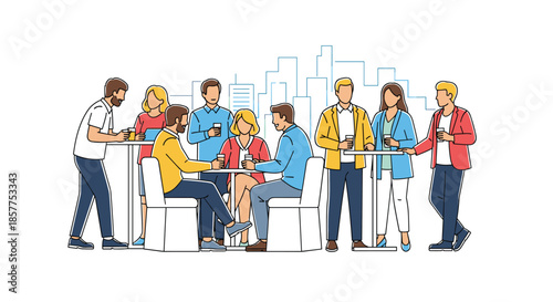 A group of casually dressed young friends and colleagues are socializing and talking together at an informal party or gathering.