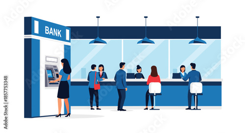 Busy bank interior with customers waiting in line, interacting with tellers at the counter, and a woman using an ATM machine.