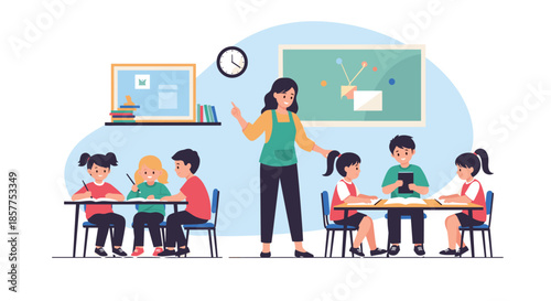 A friendly female teacher in an apron is instructing and interacting with young elementary school students in a bright classroom.