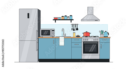 A clean and modern kitchen interior illustration featuring essential appliances like a refrigerator, stove, oven, and microwave.