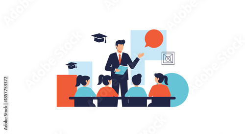 A professional male teacher or professor is giving an engaging lecture to a small class of attentive female students in a modern style.