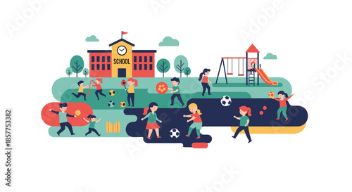 A vibrant and playful scene of diverse children enjoying recess, playing soccer and other games in the schoolyard together.