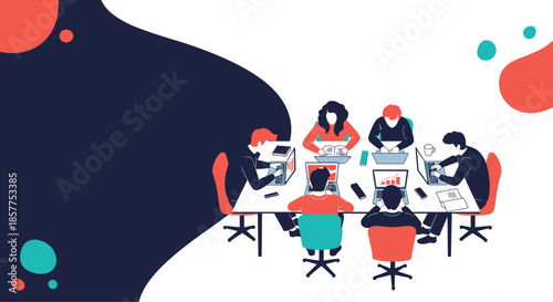 A top-down aerial view of a diverse business team actively working and collaborating on their laptops during a meeting at a large table.