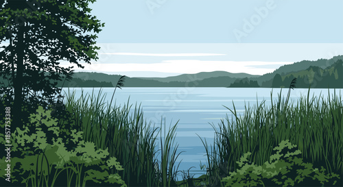 A serene and realistic pixel art landscape depicting a calm lake viewed through tall reeds, with a lush forest and hills beyond.