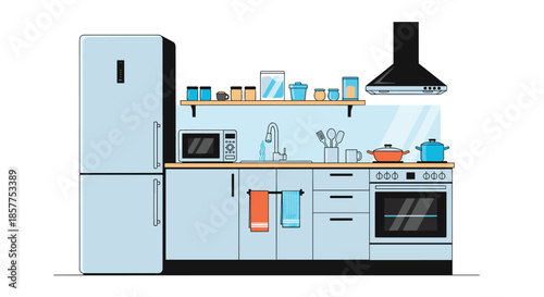 A clean and modern kitchen interior illustration with light blue cabinets and essential appliances like a fridge, oven, and microwave.