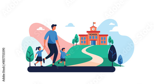 A caring father is walking his two small children, a boy and a girl, to school, holding their hands along a path.