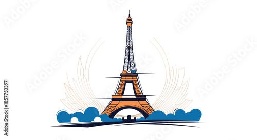 A vibrant and stylized graphic vector illustration of the iconic Eiffel Tower in Paris, France, against a clean white background.