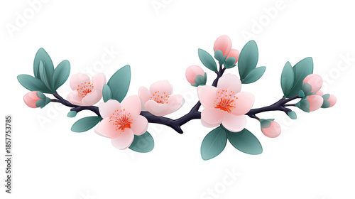 Cherry blossom branch with delicate pink flowers, green leaves, and flower buds, symbolizing spring and renewal, isolated on transparent background, elegant and peaceful