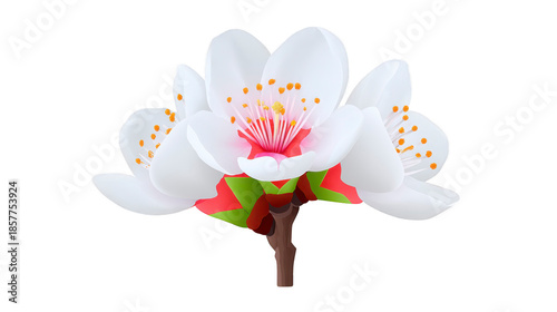 White flower delicate petal yellow stamen green sepal brown stem spring blossom realistic illustration nature botanical isolated