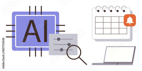 AI chip, adjustable settings, calendar with alert icon, magnifying glass, and laptop. Ideal for productivity, automation, scheduling technology innovation research and data organization. Simple