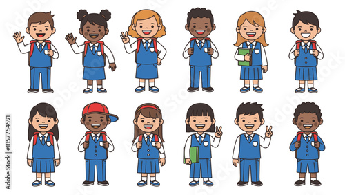 Diverse Group of Happy School Children in Uniforms Standing and Waving, Ready for Education