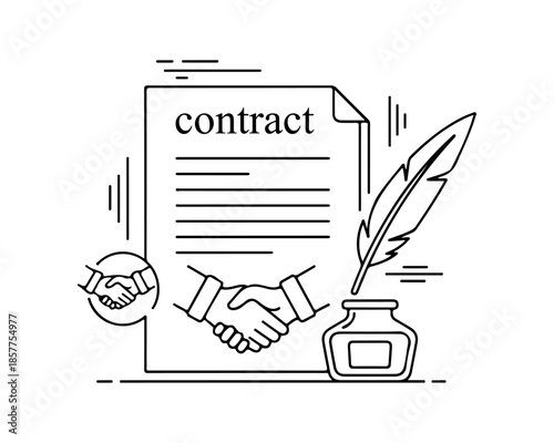 Handshake and contract signing illustration with quill pen