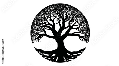 Elegant black Tree of Life silhouette in a perfect circle, showcasing intricate roots and branches, symbolizing nature, growth, and connection.