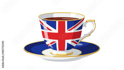 A British tea cup and saucer with the Union Jack design on a white background, representing UK culture and tradition