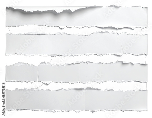 Torn strips of white paper arranged to create an abstract composition with textured edges and shadows