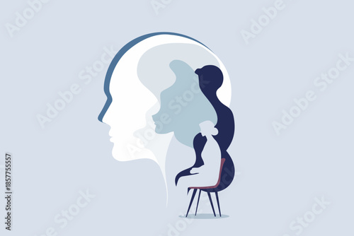 Silhouette of woman sitting in therapist’s armchair with abstract spirit figure behind, modern flat vector illustration symbolizing psychotherapy, counseling, healing, mental health and spiritual supp