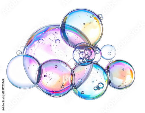 Close-up of iridescent bubbles in various sizes against a black background
