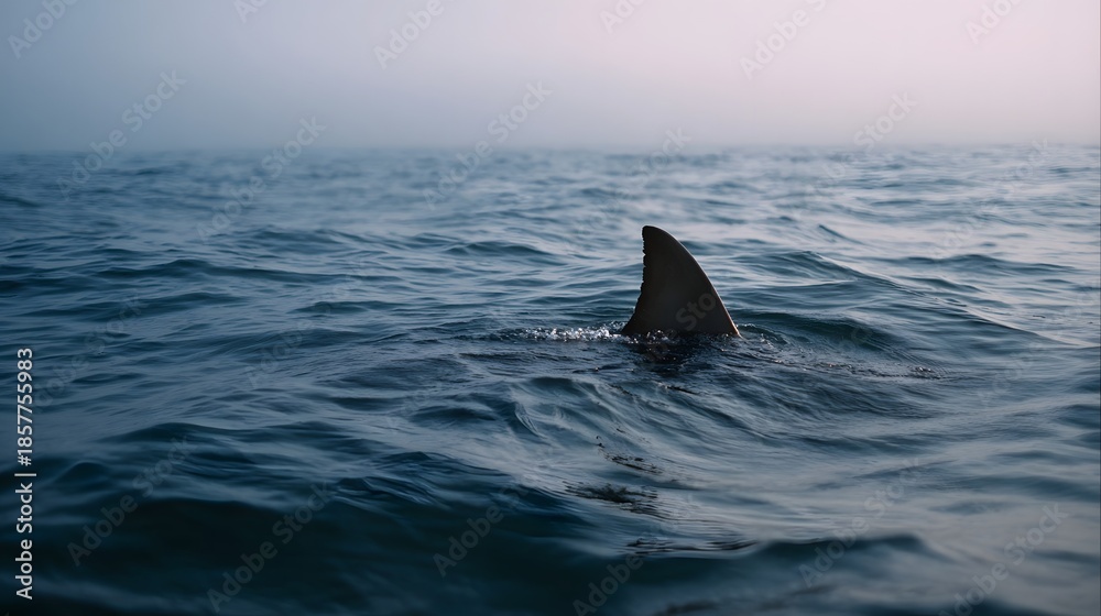 Obraz premium A lone shark fin emerges from the turbulent blue ocean surface in the atmospheric light of twilight hinting at mystery and hidden power