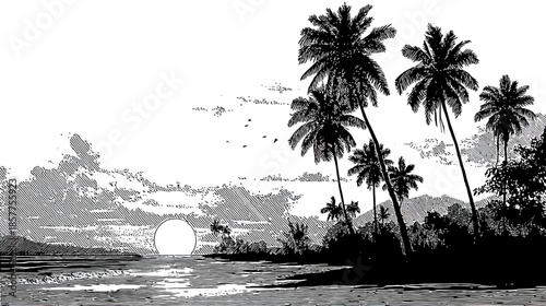Black and white illustration of a tropical island sunset with palm trees over tranquil ocean water, vintage style artwork