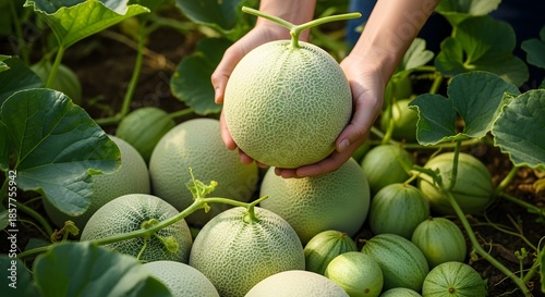 Abundant green melon crop ripening on sprawling vines, farmer’s hands lifting a perfectly round fruit from fertile soil, symbolizing fresh summer harvest and sustainable melon cultivation in open fiel