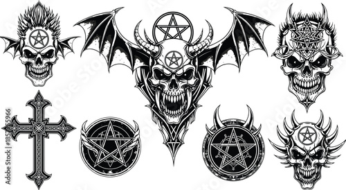 Gothic occult collection with devil skulls and pentagram symbols, demonic winged creatures and ritual crosses for dark metal art and tattoo design, vector