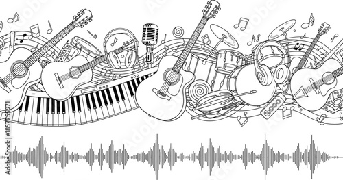 Hand drawn musical instruments border vector illustration with guitar drums keyboard and audio sound waves, black and white sketch for concert poster design,