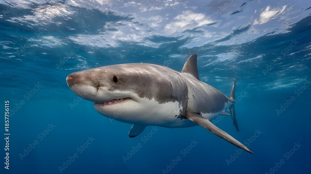 Fototapeta premium A great white shark glides through clear blue ocean water showcasing its powerful form