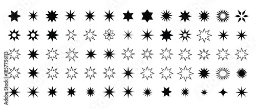 black icons stars set of 65, rating star icon, star vector collection, modern simple stars, and vector illustration featuring various shapes like celestial sparkles, geometric ornaments, and festive.